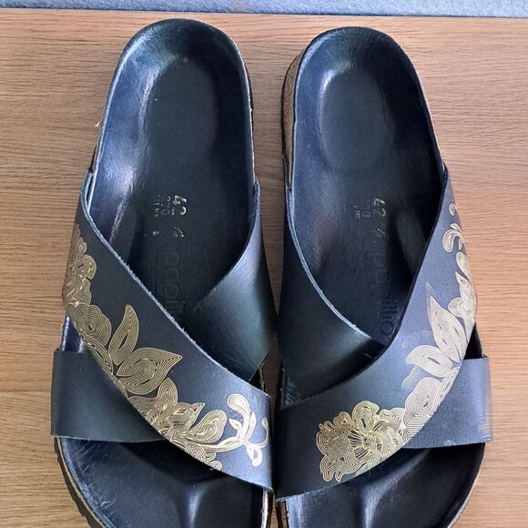 Birkenstock Papillio Daytona Womens 42 11 Narrow Black Gold Cross Strap Sandal - Picture 4 of 11